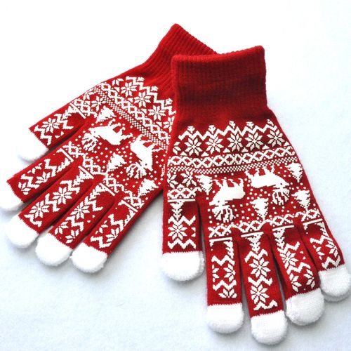 成年人印刷点胶防滑圣诞节麋鹿图案手套冬季保暖五指针织魔术手套